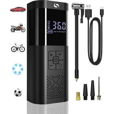 Compresseur à Air Portatif, Gonfleur Pneus Voiture sans Fil avec Jauge, Mini Compresseur 150PSI, Accessoire Voiture, avec Lumière LED pour Voiture Moto Bicyclette Boule (1/5)