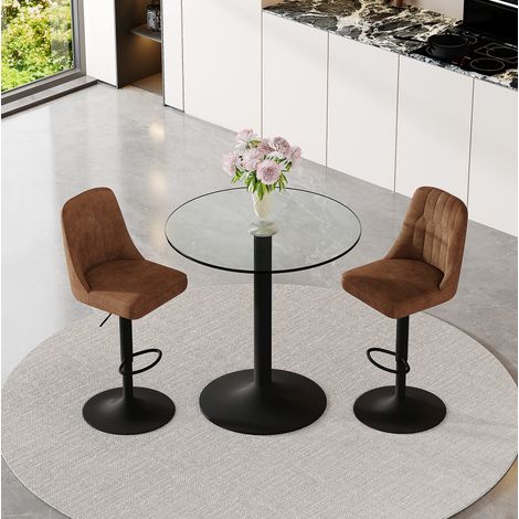 Set de mesa de bar de 89 cm en vidrio con 2 taburetes giratorios de tela marrón (1/5)