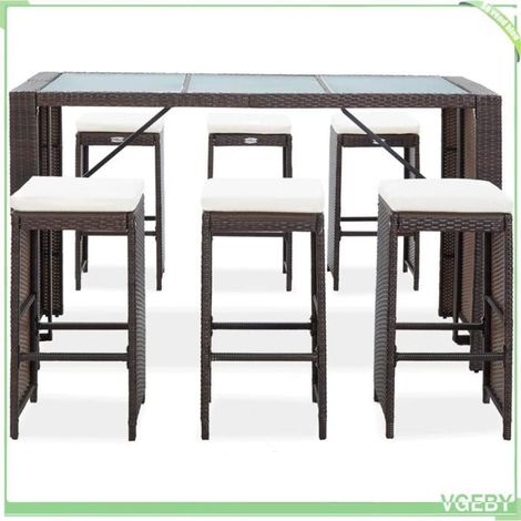 Ensemble de bar de jardin - FAFEICY - 49559 - Résine tressée marron - 6 tabourets & 6 coussins - Table verre trempé 185x80x110 cm (1/5)