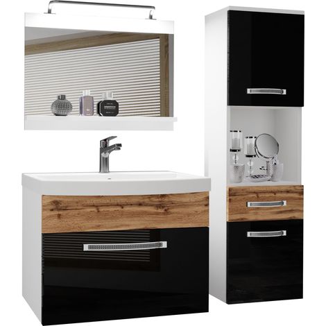 BELINI Meuble de Salle de Bain Lavabo Inclus, Meuble sous-Vasque, Miroir et Cabinet Haut Largeur: 100 cm Kit d'éclairage Inclus Couleur : Noir très Brillant/chêne wotan (1/4)