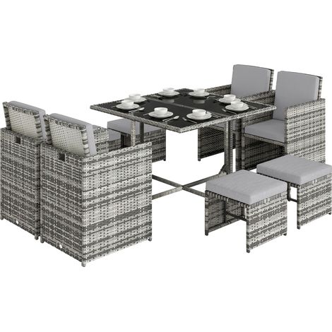 Grey 9-Piece PE Woven Resin Garden Dining Set with Glass Table (1/5)