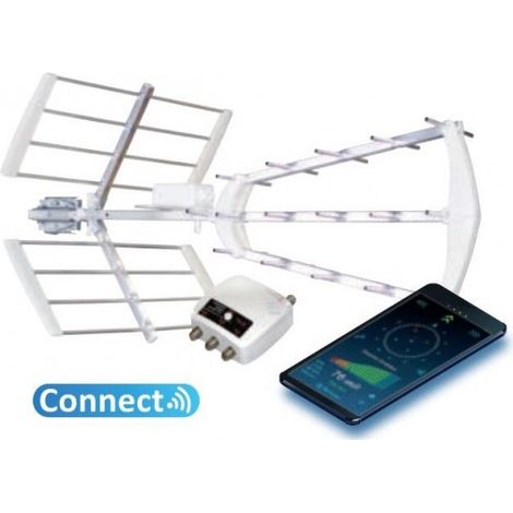 Antenne UHF TNT extérieure blanche avec amplificateur 55 dB – Déploiement automatique – Filtre 4G LTE700 – Application TV FINDER – Gain 55 dB