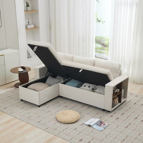 Canapé d'angle convertible en L avec rangement latéral (202 x 136 x 85 cm), revêtement chenille, supporte jusqu'à 120 kg, 3 places, beige, montage possible à gauche ou à droite. (1/5)