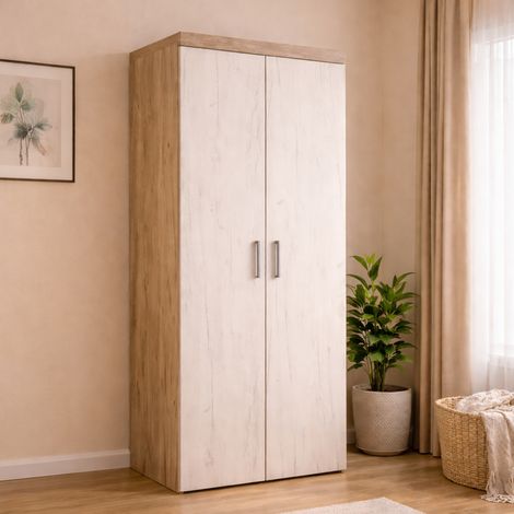 Garderobenschrank 2 Türen Egna, Schlafzimmer-Kleiderschrank mit Kleiderstange, Schubladen, Regal, 80x202h cm Weiß Lärche (1/5)