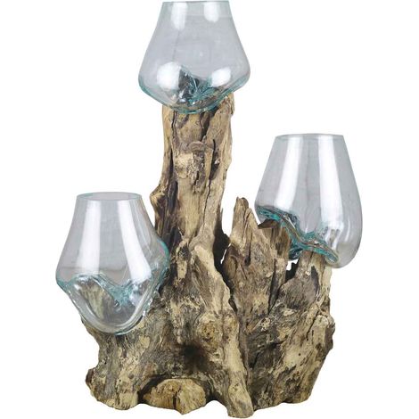 Regalo Italiano Radice Legno Naturale con 3 Vasi H 35 x 30 x 20 Cm Celeste