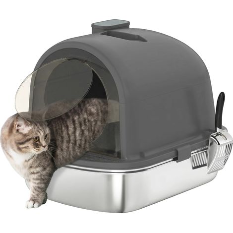 Arenero para gatos, acero inoxidable, sistema de control de olores, gris oscuro, 52,4 x 41,3 x 39,9 cm (1/5)