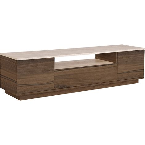 Mobile TV con 3 ante e 1 nicchia Naturale scuro ed effetto travertino beige - LOTULA