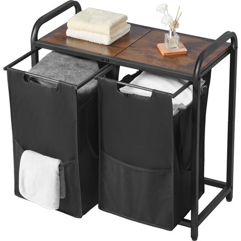 Mophorn Panier à linge à 2 compartiments, organisateur de linge avec sacs amovibles en tissu Oxford 600D, structure métallique et plateau en bois, idéal pour vêtements, chambre ou salle de bain