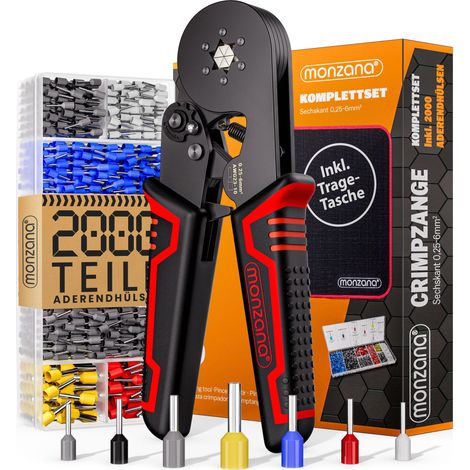 MONZANA® Hexagonal Ferrule Crimping Tool Electrician's Hex Crimp Pliers with Ferrules 0.25-6mm² 2000pc in Plastic Box Wire End Sleeve Set Ergonomic Handle Including Storage Bag (1/5)
