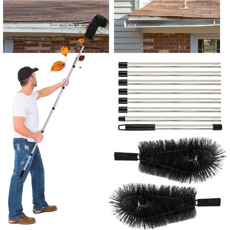 Outil nettoyage gouttière télescopique 310cm, manche acier inoxydable, noir, pour feuilles, neige, saleté de toit (1/5)