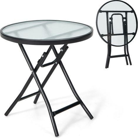 Folding Round Patio Bistro Table Tempered Glass Tabletop Outdoor CoffeeTable (1/5)