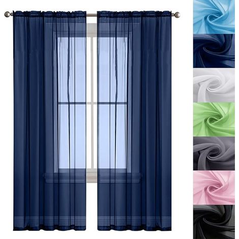 Blanc Voilage à Oeillet Rideau Semi 210 x 110 cm Décoration de Fenêtre/Lavable Rideau Thermique Isolant Anti Froid pour Mariage de Noël Chambre, Bleu Foncé (1/5)