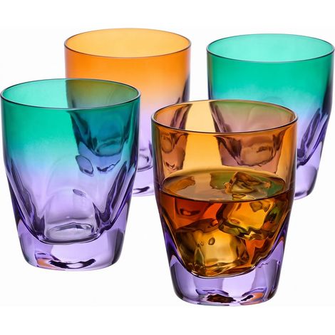 Verres à Whisky 260 ml, Lot de 4, Collection Aurora, Peints à la main, Cristal sans plomb, Pour Bourbon, Rhum et Cocktails, Cadeau, Orange et Violet (1/5)