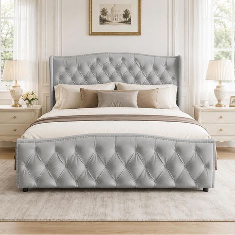 Lit Double Rembourré 140x200 avec Coffre, Lit Deux Personnes avec Coffre de Rangement Hydraulique, Tête de Lits Capitonné, Sommier à Lattes, Cadre de Lits pour Adultes et Ado, Velours (Gris) (1/5)