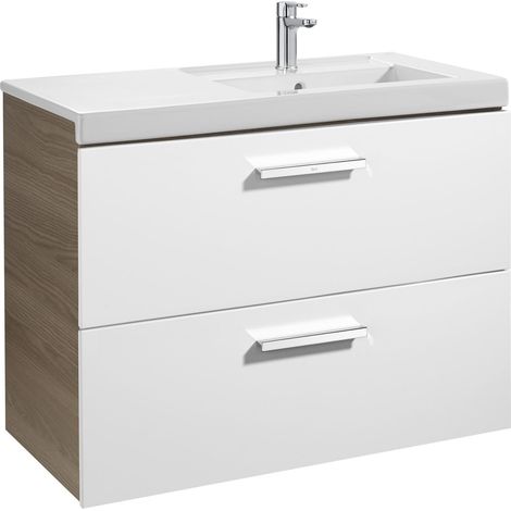 Unik mueble con dos cajones + lavabo PRISMA - ROCA Color: Blanco - Fresno - Medidas: 900x460x694 mm - Posición del lavabo: Derecha (1/2)