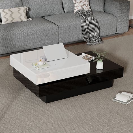 Table basse rotative double niveau 103 x 60 x 35,5 cm blanc et noir haute brillance DESVIAE (1/5)