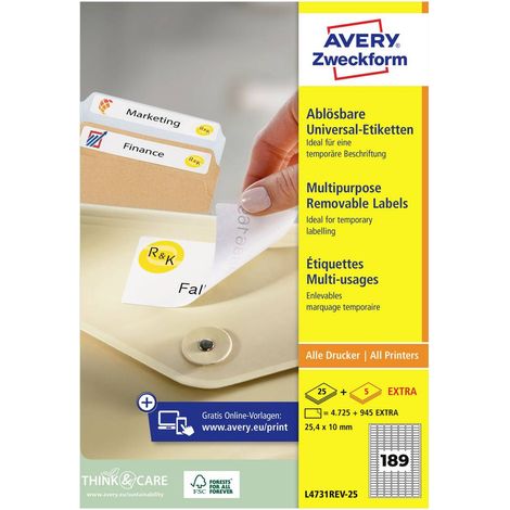 Avery-Zweckform L4731REV-25 Etichetta universale 25.4 x 10 mm Carta Bianco 5760 pz. Staccabile Stampante a getto d'inch (1/5)