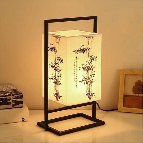 Lampe de chevet de chambre japonaise Lampe de bureau industrielle avec cadre en métal noir Abat-jour en tissu carré Lampe de table pour chambre (bouton interrupteur, bambou) (1/5)