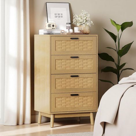Kommode Rattan mit 4 Schubladen, Holz Sideboard mit Griffen und Beinen, Naturholzfarbe (1/5)