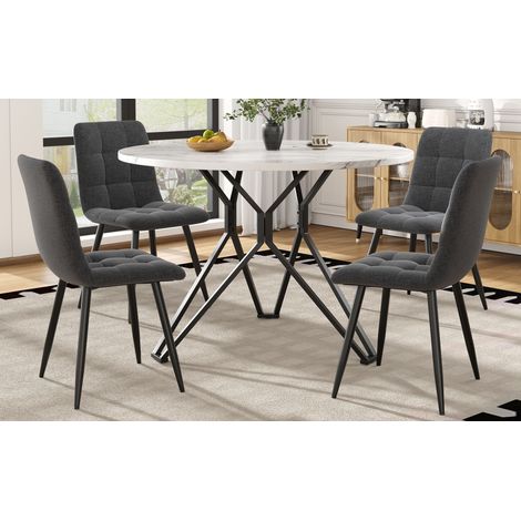 Lot de table ronde 100 cm + 4 chaises gris lin, salle à manger moderne, pieds acier noir, plateau MDF effet marbre