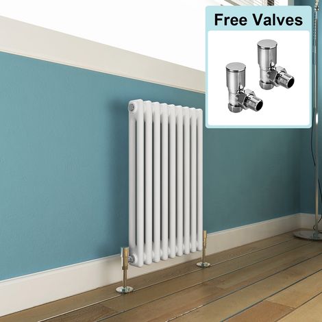 ELEGANT White 600 x 425 mm Traditional Radiator Cast Iron Style Horizontal Radiator White Double Horizontal Column Radiators + Angled Radiator Valves (1/5)