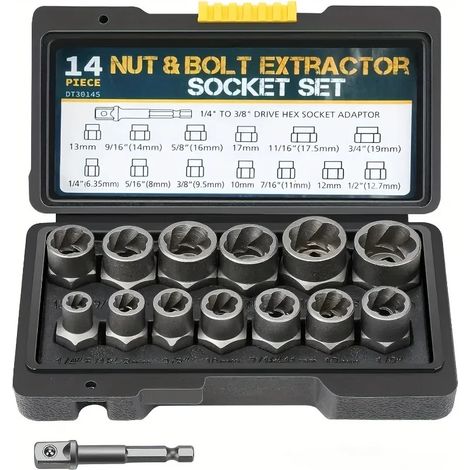 (14 pièces) Coffret de 14 douilles à impact endommagées, extracteurs et démonte-écrous et boulons en acier au chrome-molybdène avec boîte de rangement (1/5)