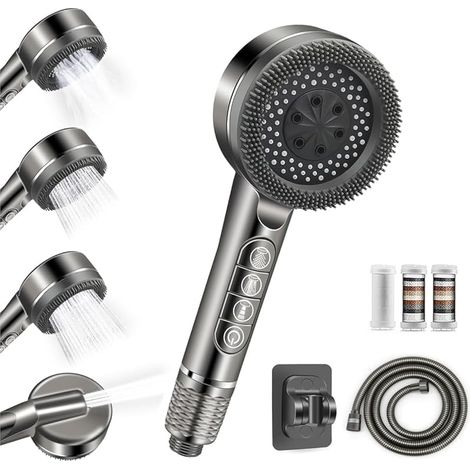 Pommeau de Douche Anti Calcaire Haute Pression avec Filtre Intégré, 4 Types de Jets et Bouton d'Arrêt d'Eau, Pommeau Douche Économie d'Eau, Inclus Tuyau 1,5M et Support pour Salle de Bain, Gris (1/5)