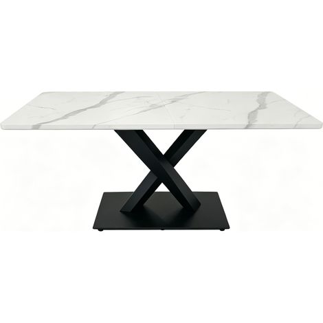 Table à manger rectangulaire moderne pour 6 à 8 personnes, grande table de cuisine blanche avec plateau en MDF et base en métal noir, motif marbre blanc, table à manger avec support en X pour bureau à