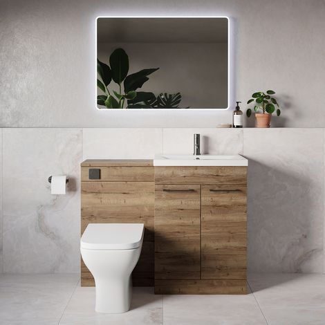 Napoli 390 Tobacco Oak 1100mm 2 Door Vanity Unit Toilet Suite with Glide Basin - 1100mm - Gunmetal Grey 160mm HandleWith Kingston Toilet Pan and Seat