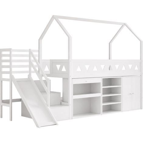 Letto a soppalco per bambini bianco 90 x 200 cm con scivolo, scala, cassetti e contenitore HOMVRA (1/5)