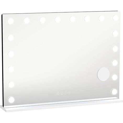Miroir de maquillage hollywoodien avec 18 LED à intensité variable, 3 couleurs, éclairage RGB, haut-parleur Bluetooth, grossissement x10, blanc