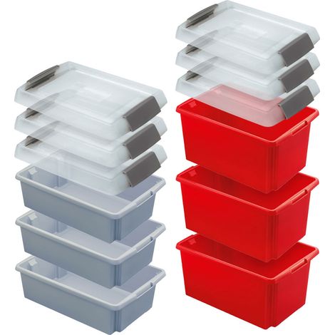 BRB Lot de 6 boîtes à empiler pivotantes avec transp. Couvercle Alimentaire 595 x 395 mm, 3 x Gris – 30 l, 3 x Rouge – 51 l