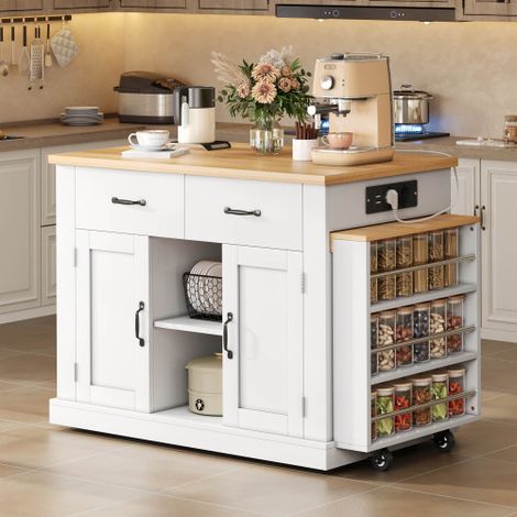 Tavolo allungabile, isola da cucina mobile, carrello da cucina, con tavolo da pranzo estraibile, 7 ruote, ripiani contenitore, mensole regolabili, 132(235) x 60 x 93 cm - Rovere bianco (1/5)