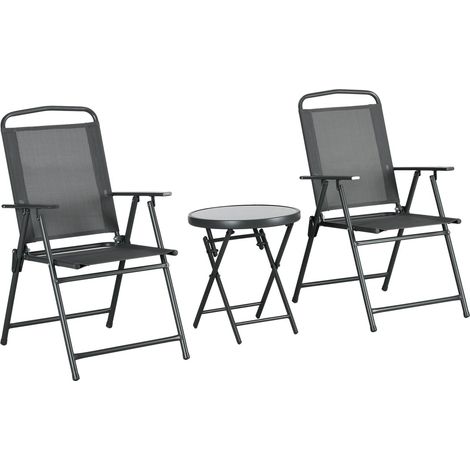 Bistro-Set 3-teilig aus Metall Wetterfest Gartenmöbel Set mit klappbar Glastisch Gartenstühlen Outdoor Balkonmöbel Set Sitzgruppe Balkonset Gartengarnitur Dunkelgrau Aosom