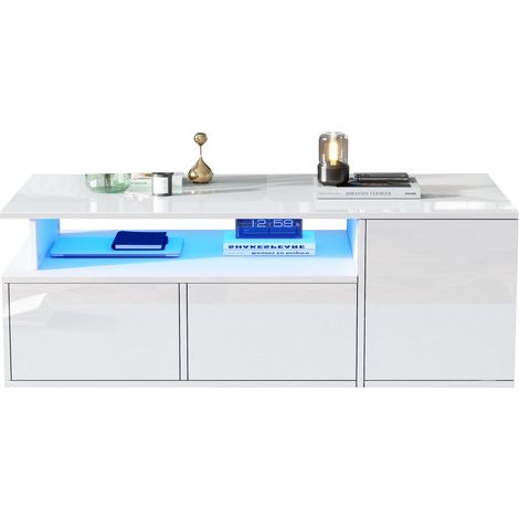 Table basse blanche-LED-2 tiroirs-rangement-capacité 60kg-table salon-canapé-100x50x35cm (1/5)