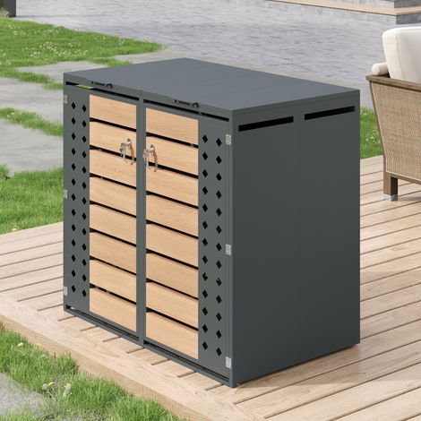 Boîte de rangement pour poubelles, couvercle rabattable, compartiment de stockage déchets, verrouillable, double portes, panneau ajouré en losange (1/5)