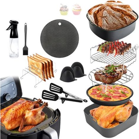 Ensemble de 12 accessoires pour friteuses à air chaud, comprenant un insert en silicone, une grille et des gants en silicone. Pour friteuses à air chaud de 20 cm de diamètre. (1/2)