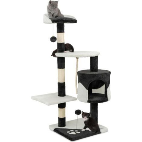 Cat Tree with 2 Plush Balls & Play Rope, Height 112 cm, with Sisal Rope & Plush, Resting Surface & Cave, Wall Mount Included, for Small & Large Cats, Black/White (1/5)