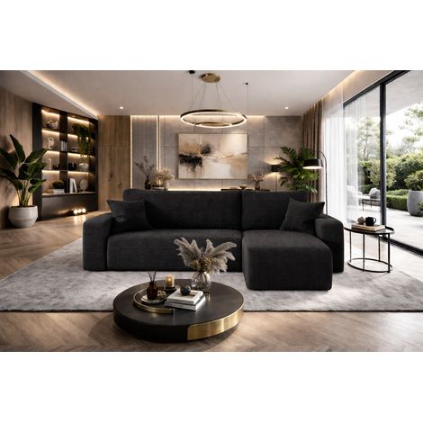 Divano angolare reversibile PIANIOO L trasformabile – Velluto a coste nero, funzione letto, ampio vano contenitore, angolo universale sinistro/destro
