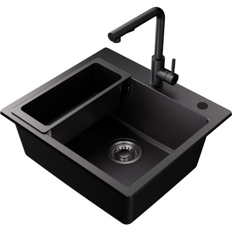 Lavello in granito 50 × 45 cm, Sofetiy Max lavello da cucina in resina con miscelatore estraibile, lavello da appoggio incl. cestello scolapiatti e sifone (1/5)