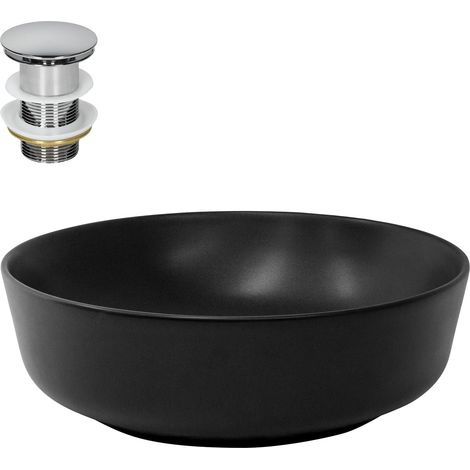 ML-Design Lavabo Redondo  Ø 415 x 135 mm  Negro de Cerámica Mate Fregadero para Pared o Sobre Encimera con Juego de Desagüe Cromado Lavamanos Diseño Moderno Aseo para Baño con Agujero para Grifo
