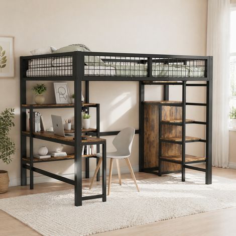 MEUBLIV Lit mezzanine 140x200 cm noir et marron – bureau et rangements, sans matelas (1/5)