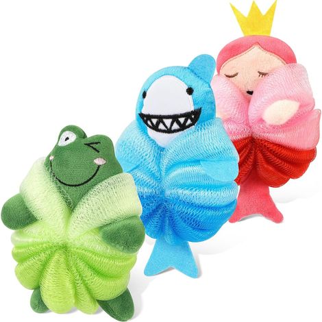 Lot de 3 Fleur de Douche Lavable pour Enfants, Fleur de Bain Adorables pour le Corps, Pouf de Douche en Forme d'Animal Éponges Luffa, Gommage pour le Corps Éponge en Maille pour Enfants-A