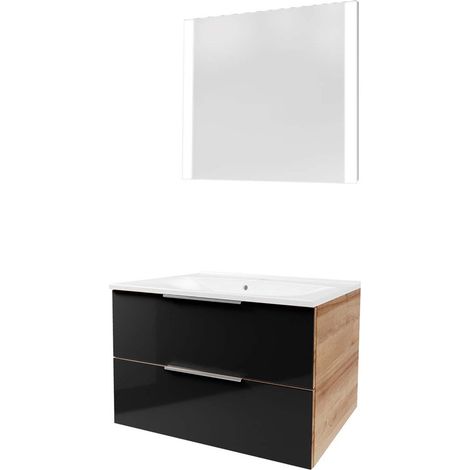 Fackelmann B. BRILLANT Badmöbel Set 3-teilig 80 cm, Anthrazit Glas/Braun hell,Gussmarmor+Spiegel"-"90317145 (1/4)