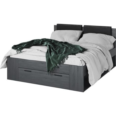 Erwachsenenbett 160x200 mit integrierten Schubladen - Kollektion FLOYD. Farbe: Grau mit Holzeffekt.