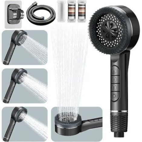 Pommeau de douche haute pression, pommeau de douche à économie d'eau, 4 types de jets, pommeau de douche anticalcaire, complet avec flexible de douche de 1,5 m et support de douche, avec bouton d'arrê (1/5)
