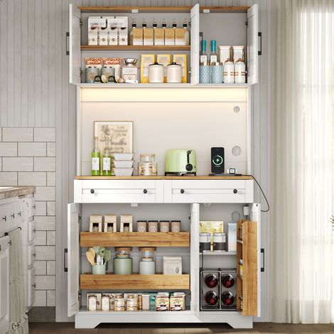 DESMIU Buffet de cuisine LED avec 2 tiroirs, prises et niche ouverte, pour cuisine et salle à manger, MDF, naturel blanc, 100 × 40 × 180 cm (1/5)