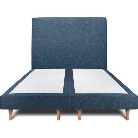 Lit 200x200cm avec tête de lit tapissier tissu et double sommier tapissier bleu - Hauteur totale : 29cm (1/5)