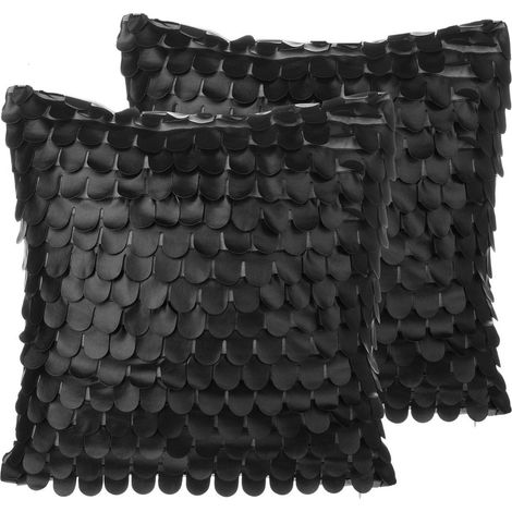 Set of 2 Decorative Cushions LOBELIA Faux Leather 45 x 45 cm Black Solid