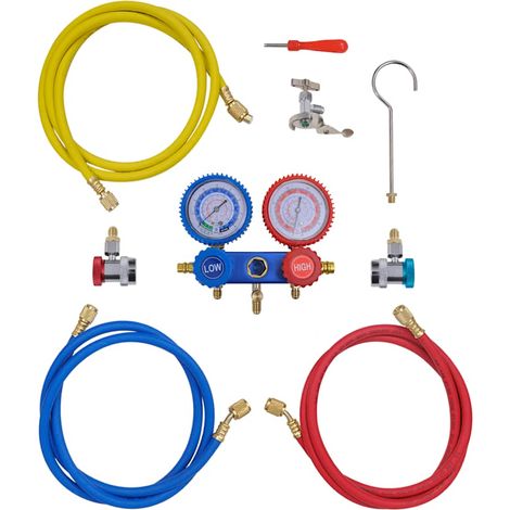 Manifold 2 voies pour climatisation, 3 flexibles 152 cm, mallette et adaptateurs R134a - PANGIVO (1/5)
